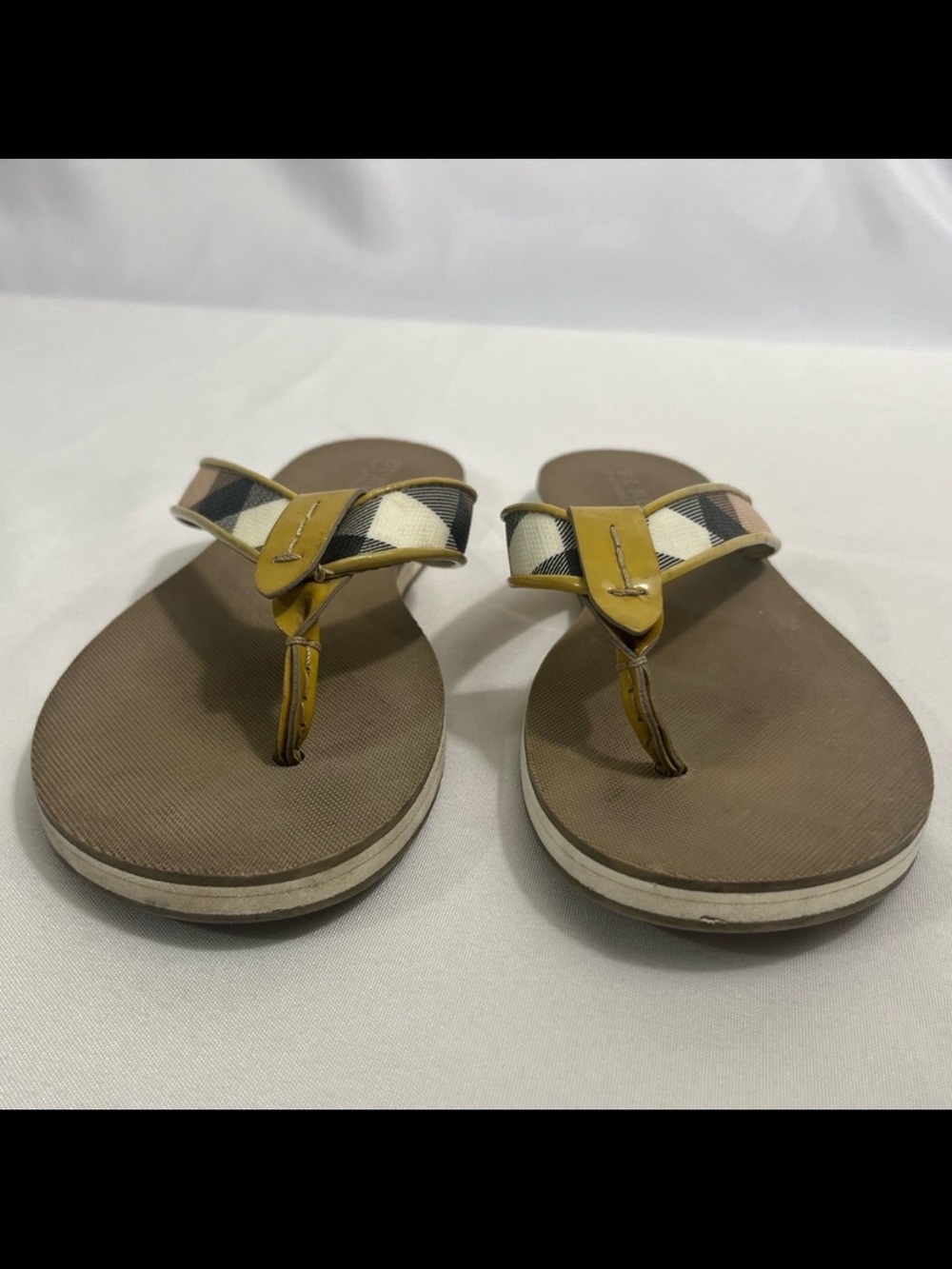 Burberry Nova Check Flip Flop Sandals Wom 7 - Yellow Cream Brown Tan Black - Picture 5 of 11